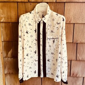 River Island Love Hearts Bierds Print Blouse 18( L ) Contrast Trim Long Sleeves